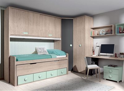 Dormitorio juvenil compacto con cama nido y cajones + puente 2 puertas (opcional)