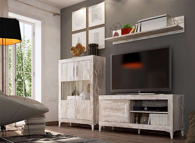 Muebles salón módulo TV, estante colgar y armario estilo nordico vintage