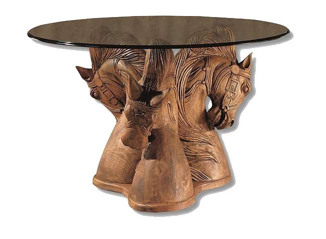 mesa-rustica-redonda-cristal-y-madera-soporte-tallado-caballos