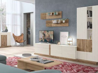 Conjunto de muebles de salón con módulos con puertas y vitrina sin cristal de madera oscura (resto del mobiliario aparte)