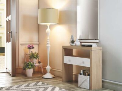 Consola recibidor rectangular en madera roble con 2 cajones y espejo perpendicular