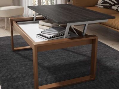 Mesa de centro de madera elevable con tapa de madera oscura