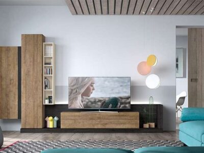 Mueble bajo de salón para TV con puerta abatible y vitrina colgada