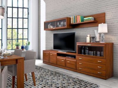 Muebles de salón de madera con modulo bajo con cristal y cajones