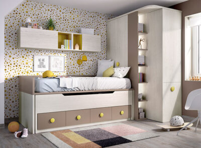 Decoración juvenil completa con dos camas, armario de rincón multifuncional y almacenaje