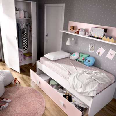 Dormitorio juvenil en gris y rosa con cama, caj贸n de almacenaje y estanter铆a incluida