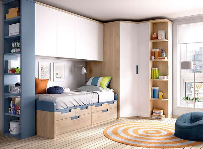dormitorio-juvenil-completo-azul-blanco-madera-almacenaje-armario-escritorio