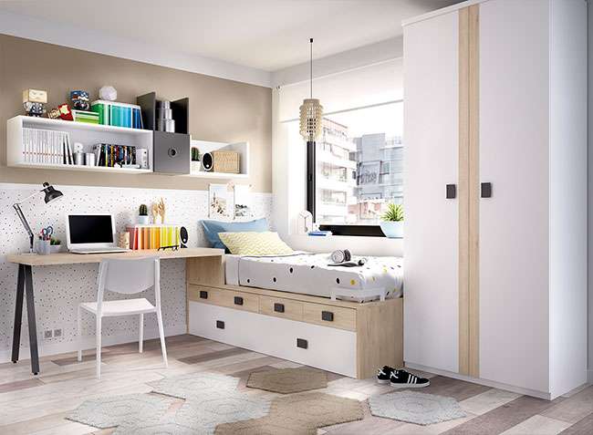 Anguila intersección Gobernador Habitación juvenil nórdica con cama nido, armario, escritorio y almacenaje