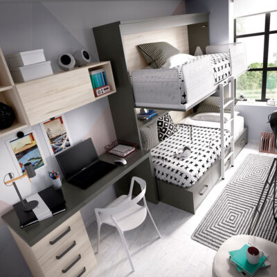 Moderno dormitorio con cama, litera abatible y zona de estudio haya y gris