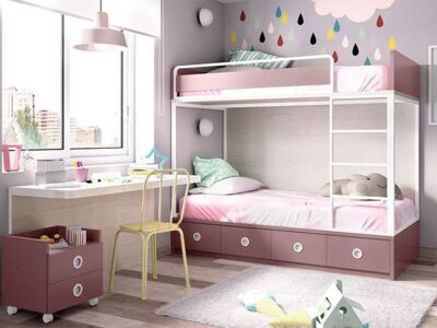 Habitación juvenil rosa y blanca con litera y zona de estudio