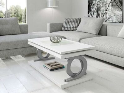 Mesa de centro de diseño blanca elevable disponible con tapa de cristal