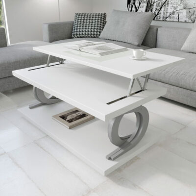 Mesa de centro de diseño blanca elevable disponible con tapa de cristal