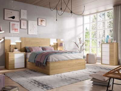 Cabecero estilo nórdico con mesitas madera y blanco