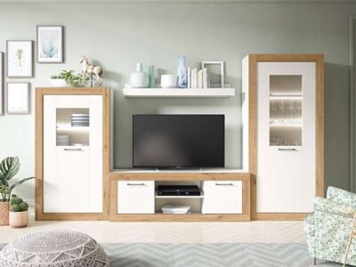Mueble almacenaje salón blanco y madera