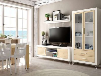 Mueble bajo salón blanco y madera para televisión