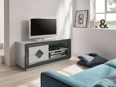 Mueble de TV gris y grafito con cajones hueco para dispositivos
