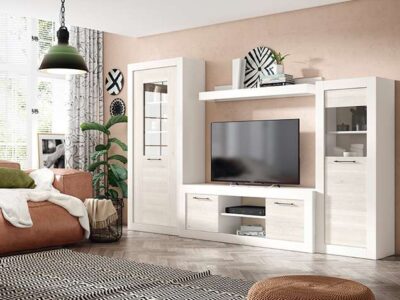 Mueble salón blanco y madera gris con almacenaje