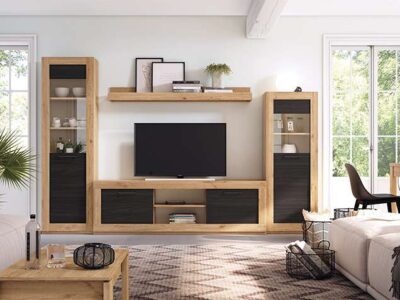 Mueble salón madera y negro para salón industrial