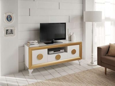 Mueble televisión clásico blanco y dorado