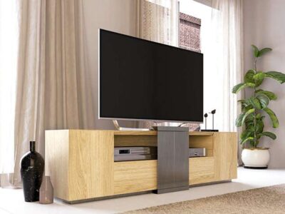 Mueble TV madera natural con huecos para dispositivos