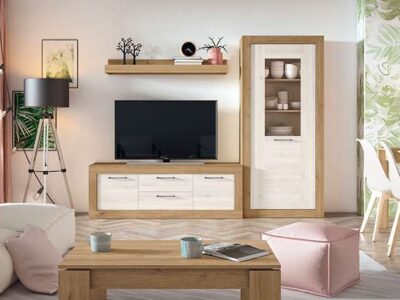 Mueble TV y vitrina blanco y beige
