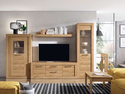 Vitrina madera salón rústico + mueble TV y estante