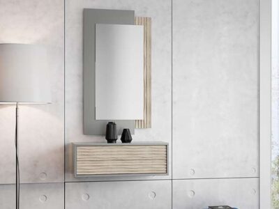 Balda con cajón para recibidor gris y madera