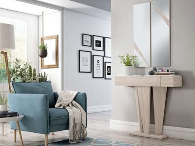 Mesa recibidor de madera con cajones color roble