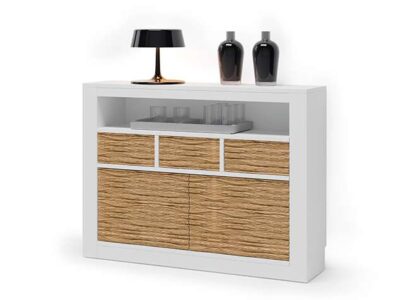 Mueble recibidor estrecho blanco con estantes puertas y cajones
