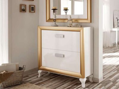Zapatero dos puertas estilo clásico blanco y dorado