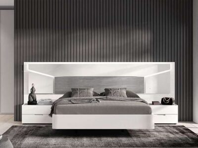 Cabecero con mesitas integradas en gris y blanco