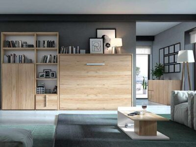 Dormitorios de matrimonio con cama abatible y estanterías