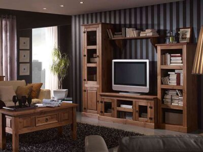 Muebles de salón rústicos con bajo TV y vitrinas estilo Mexicano