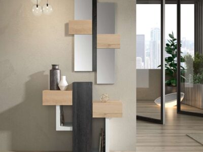 Recibidor minimalista con espejo madera, blanco y negro
