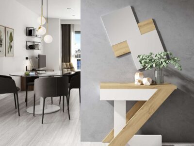 Recibidor nórdico con espejo a juego blanco y madera