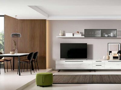 Mueble salón TV grande con estante colgante y puertas de cristal