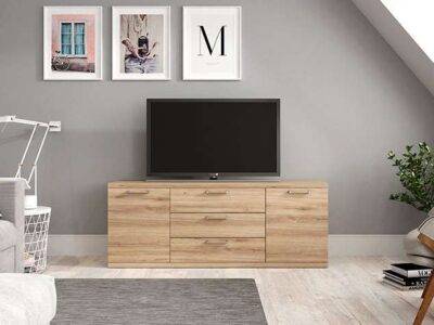 Mueble TV alto con cajones y puertas madera
