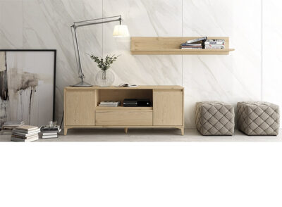 Conjunto mueble de TV y estantería madera clara
