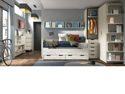 Dormitorio compacto juvenil blanco veteado