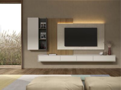 112- Composición ZM504. Salón minimalista con panel para televisión