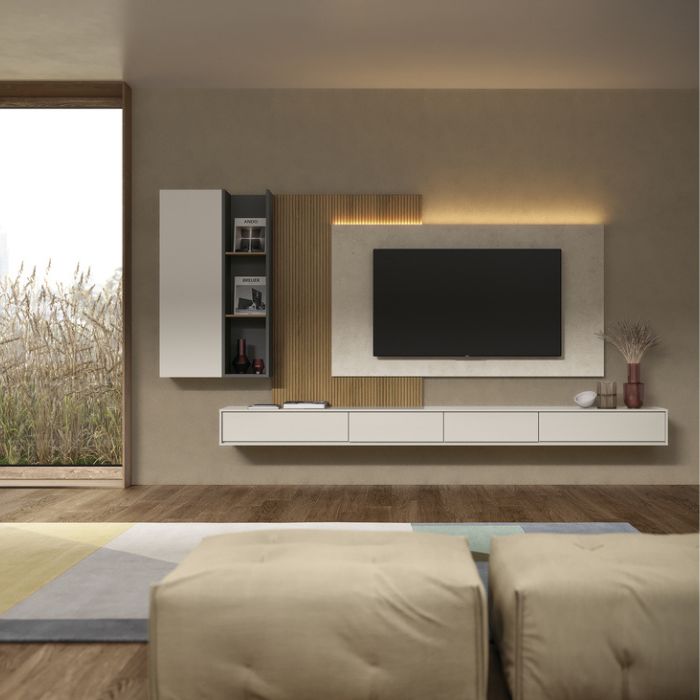 112- Composición ZM504. Salón minimalista con panel para televisión