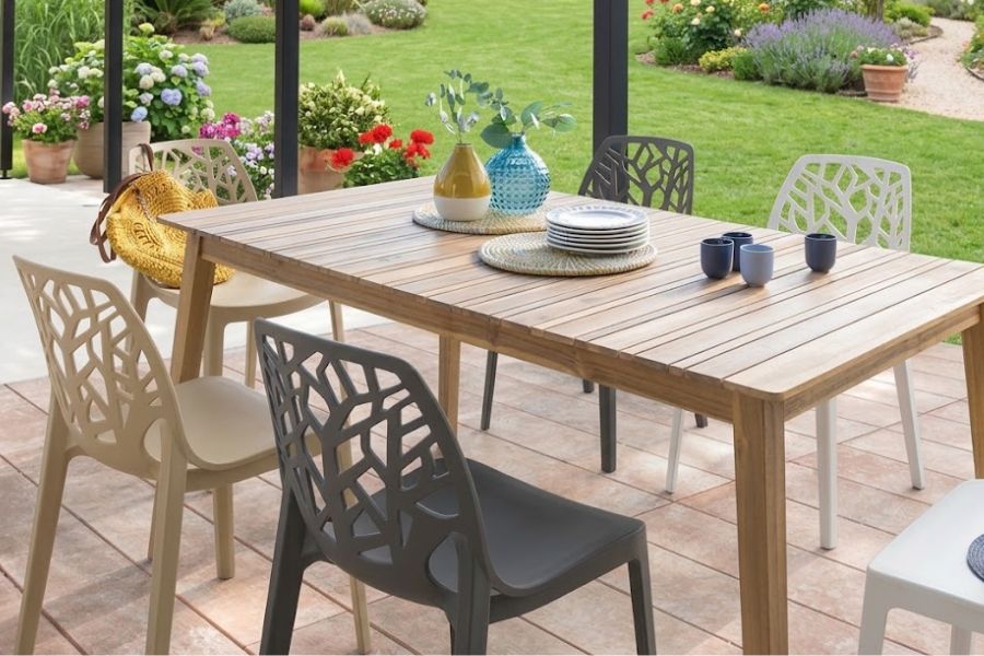 Conjunto de muebles de jardín con mesa de madera y sillas modernas en terraza con vistas al jardín