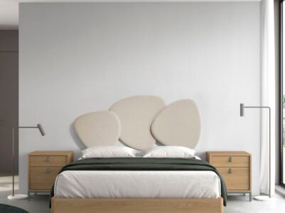 116- Composición E009. Dormitorio con cabecero tapizado y patas metálicas