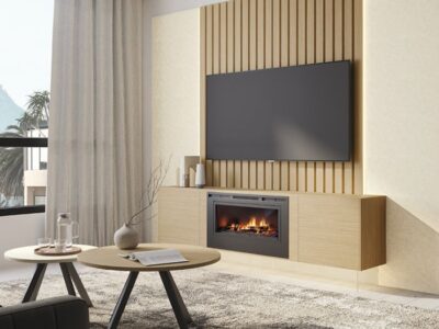 613. Composición 02. Mueble de salón con chimenea integrada y paneles decorativos