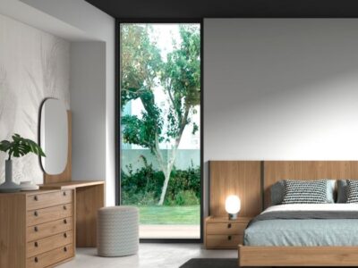 116- Composición E018. Dormitorio con cabecero integrado y mesillas combinadas