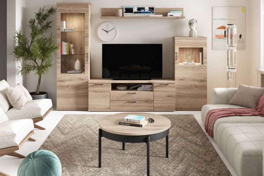 Salón pequeño moderno con sofá, mueble de televisión y mesa de centro