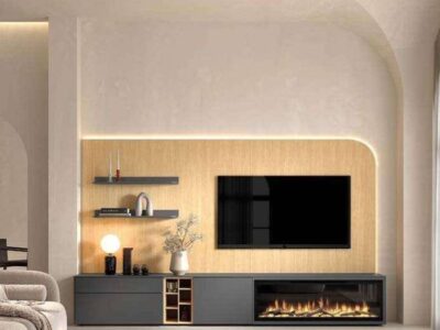 105 - Mueble TV B021 con panel y espacio para chimenea