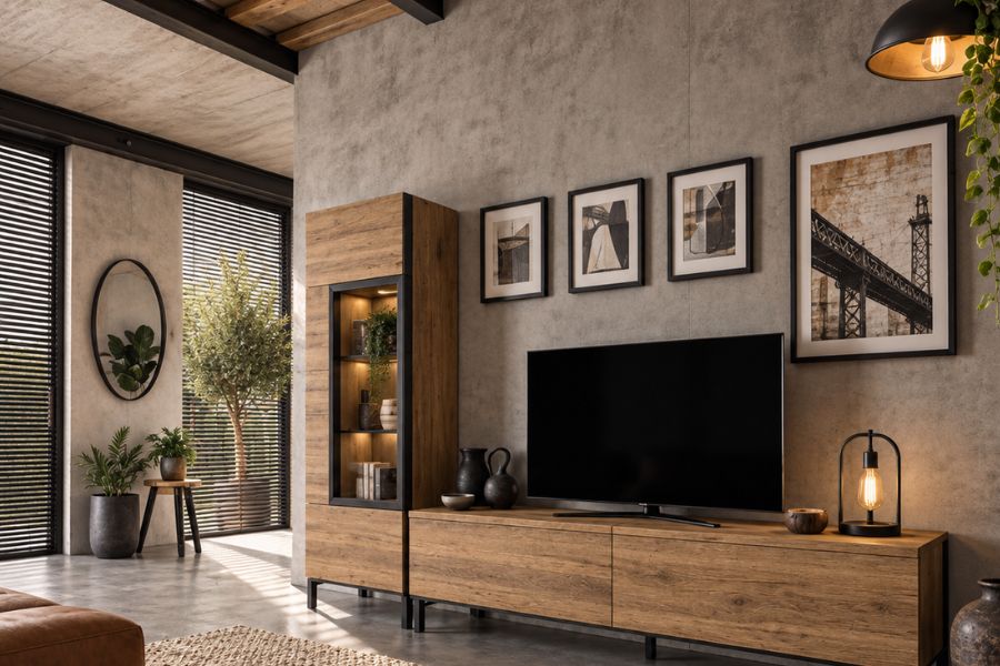 Suelo de madera en salón de estilo industrial