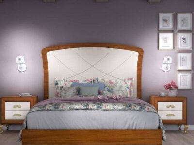 116 - Composición 624013 de dormitorio en nogal con frentes lacados en blanco y detalles dorados