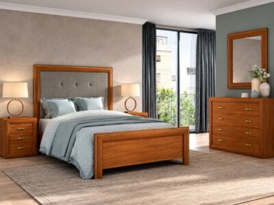 116 - Composición 624016/T de dormitorio en nogal con cabecero tapizado y detalles dorados